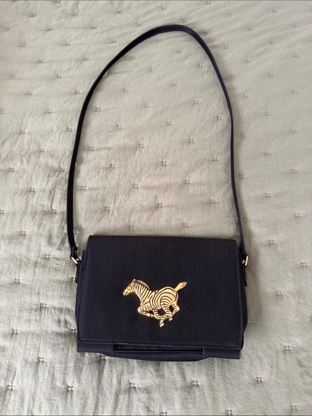 Vintage Black Shiny Evening Bag Gold Zebra Accent Shoulder Bag  Crossbody